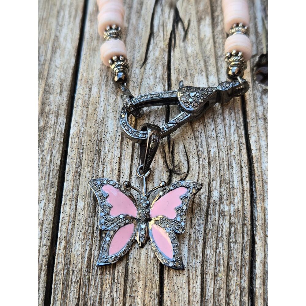 Pink Puka Shell Pave Diamond Sterling Silver Enamel Butterfly Pendant Necklace
